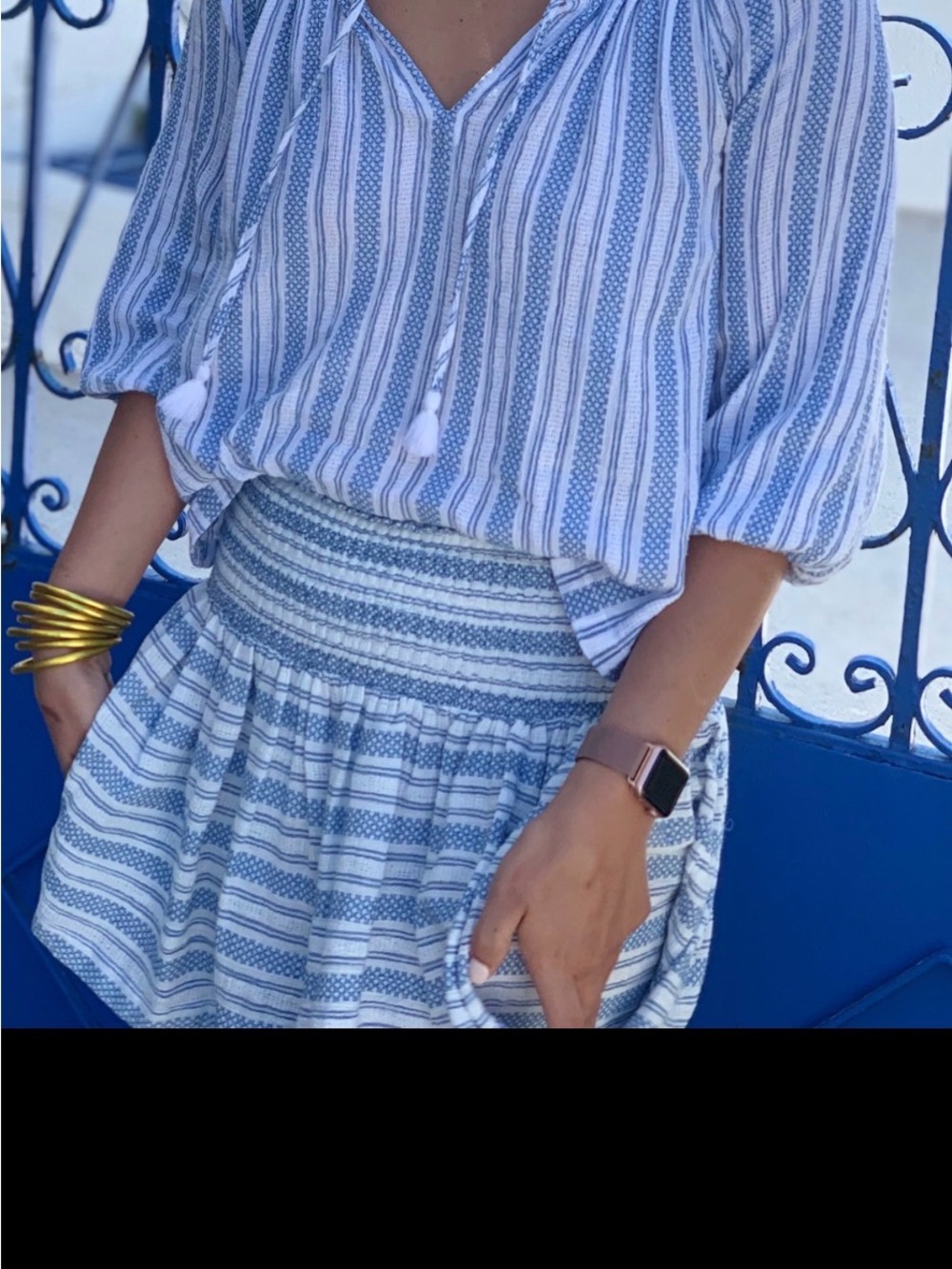 J. Crew Blue and White Striped Smocked Mini Skirt (part of a set)